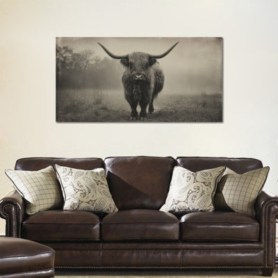  Highland Cow Canvas Wall Art, Rustic Farm Animal Pictures Walls Decor, Serene Nature Painting, Farmhouse Vintage Cow Wall Art Framed for Bedroom Living Room 12x24"