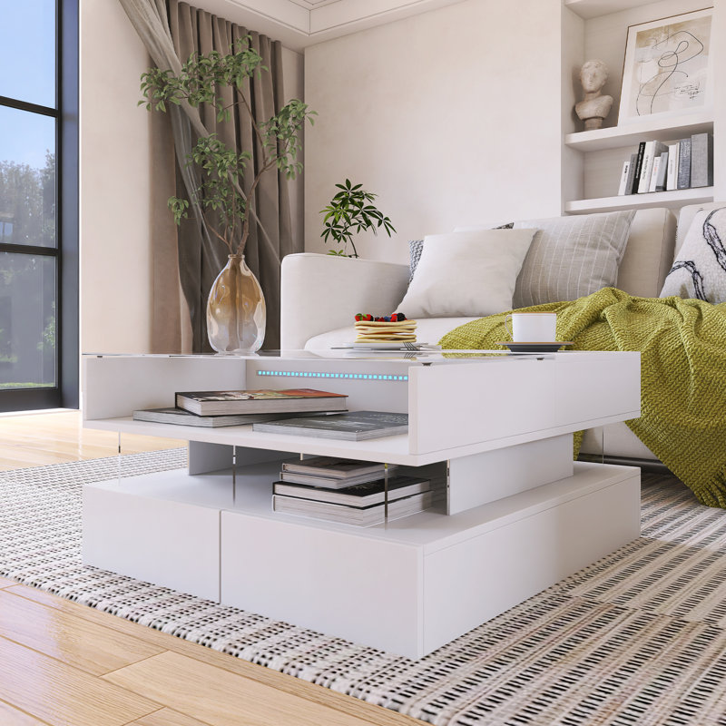 Table basse relevable avec 2 tiroirs, table basse carrée moderne avec plateau en verre, Blanc