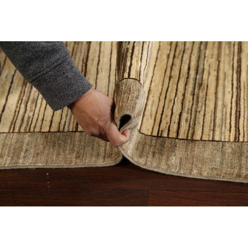 Tapis beige en laine noué à la main de conception unique 3 pi 4 po x 4 pi 10 po New Age