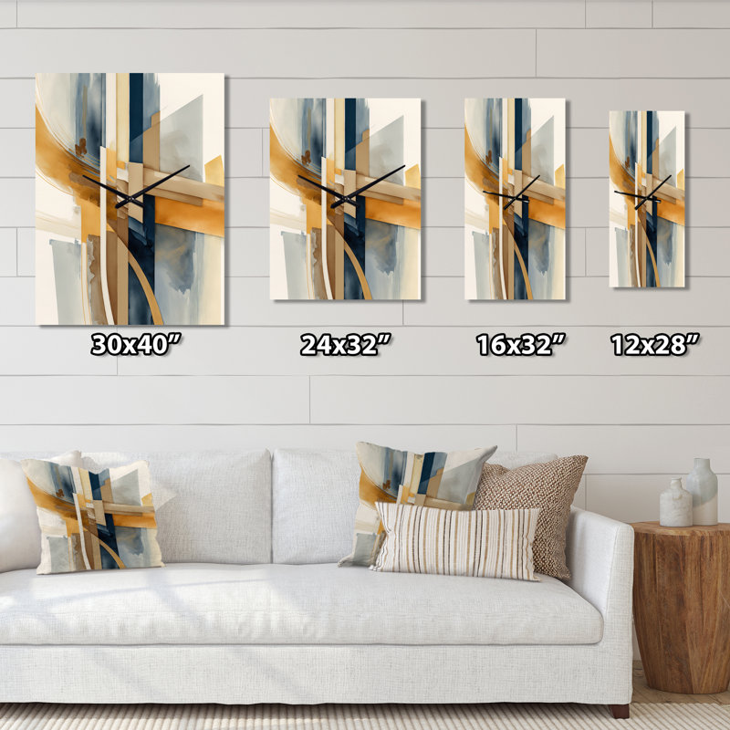 Horloge murale moderne sur fond abstrait bleu et or I, H 40 po x l 30 po x P 1 po