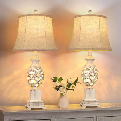 Ensemble de lampes de table de 2,28 po de hauteur avec lampe de chevet, lampes de chevet de style campagnard rustique avec abat-jour en lin pour salon, table de bout (blanc)