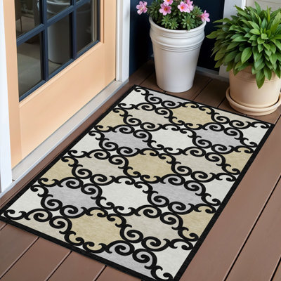 Tapis extérieur lavable à motif de treillis noir et ivoire 3 pi x 5 pi
