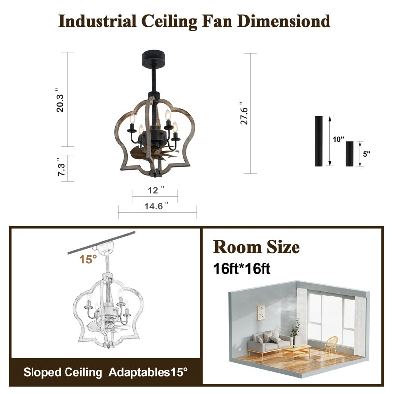 Montara 15" French Country Wood Reversible Ceiling Fan with 4 Lights and Remote, 3 Speeds Ceiling Fan