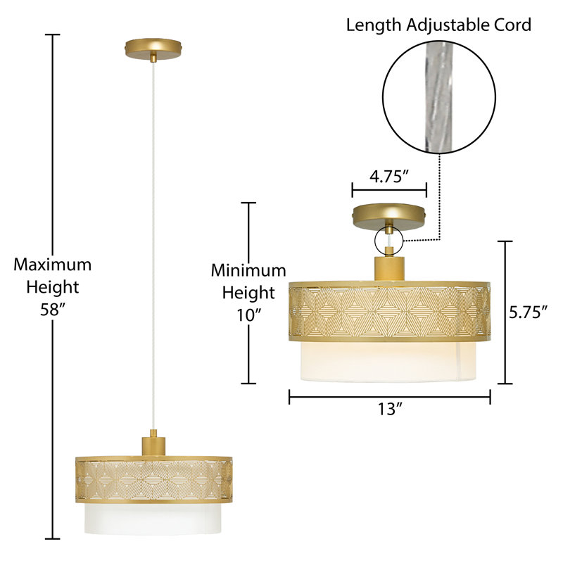 13"W Pagano Gold Metal and White Fabric Drum Pendant Light