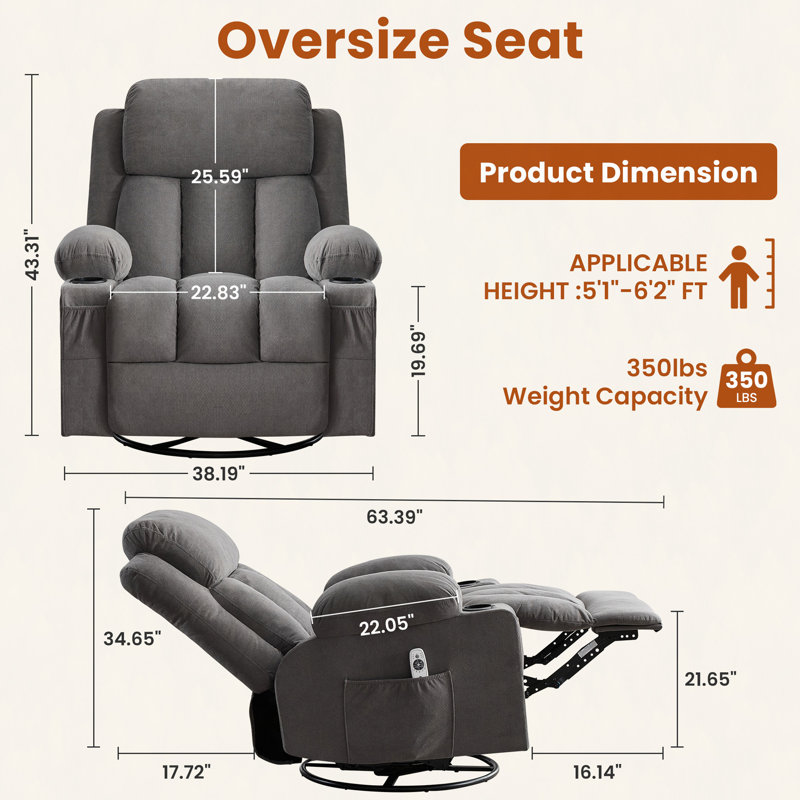 Swivel Rocker Recliner Chair With Vibration Massage And Heat For Living Room ,With Rocking Function And Side Pocket, USB Charge Port,2 Cup Holders