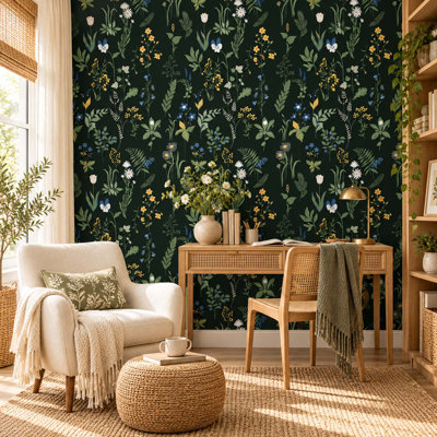 Papier peint adhésif floral vert rétro, motif botanique bohème