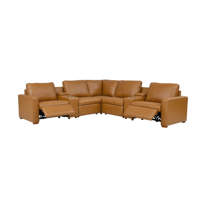 132" W Hudson Recliner Leather-Matched Sectional, Yellow Leather Match