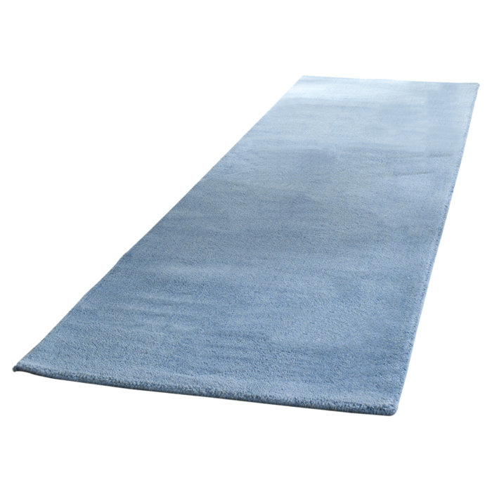 Tapis bleu en laine tissé à plat à la main Moreau, Tapis de couloir 2 pi 3 po x 14 pi