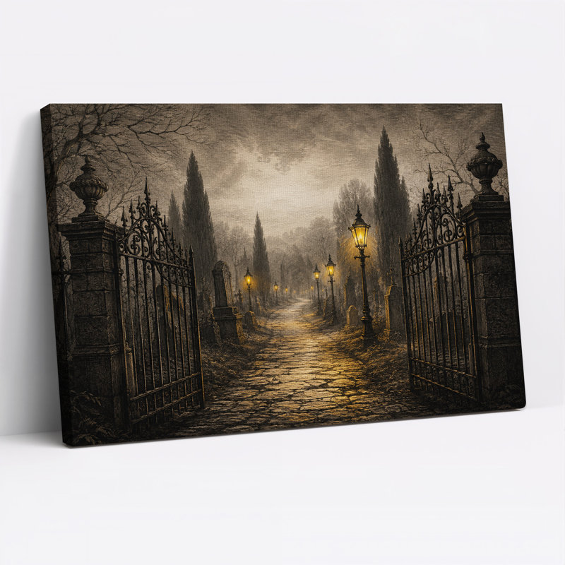 Toile ouverte sur un chemin pavé brumeux et halloween, H 28 po x l 40 po