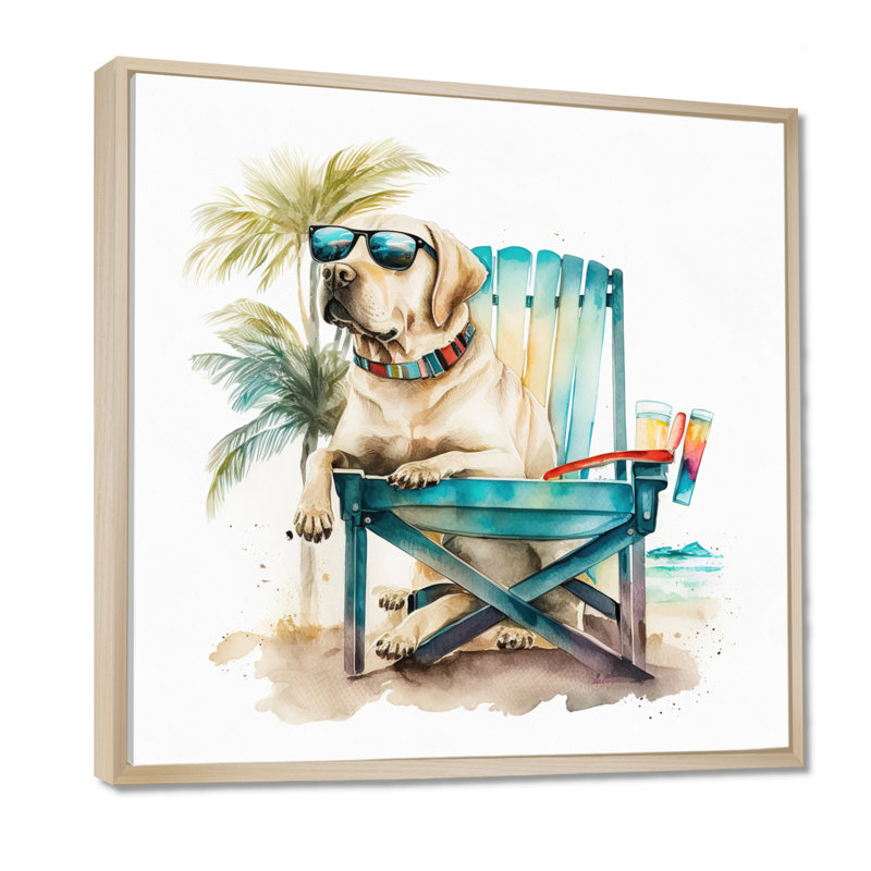 «Dog on Chair at the Beach II», reproduction sur toile, H 16 po x l 16 po, Cadre flottant érable