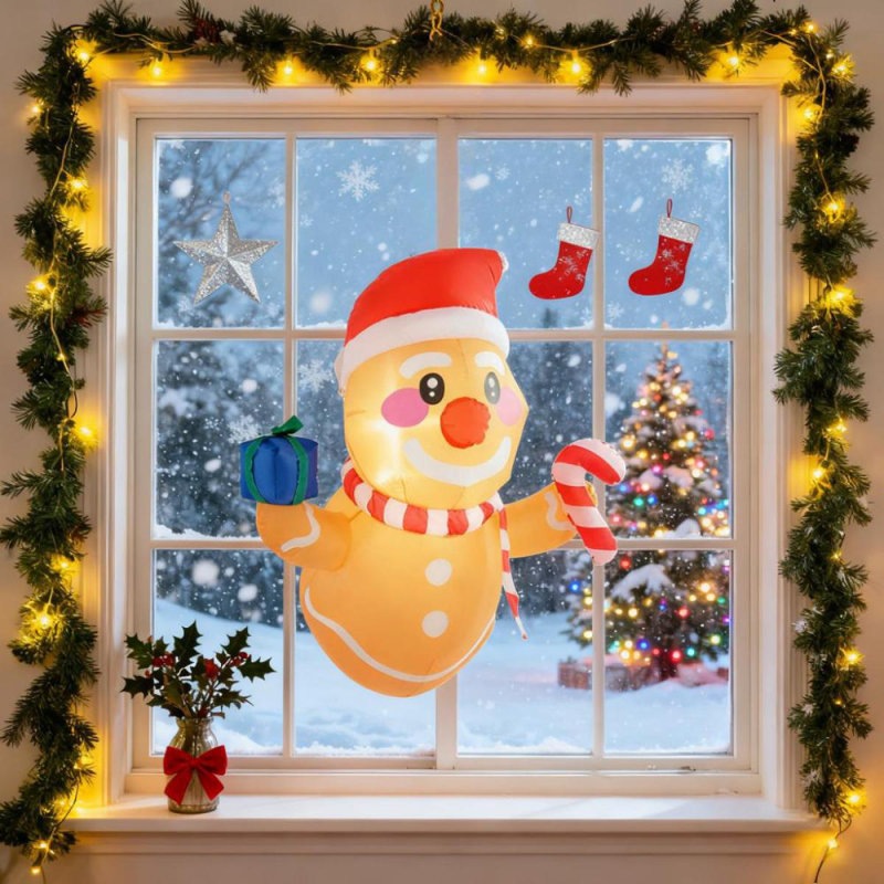 Holding Gift Box & Candy Cane LED Lights,Inflatable Hanging Gingerbread Man