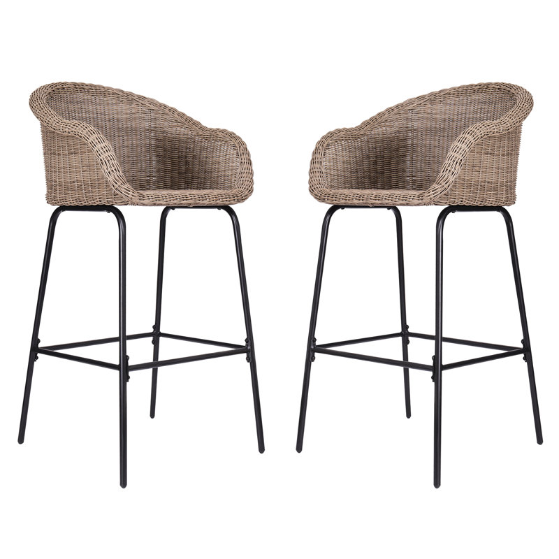 Ladd Outdoor Metal Wicker Barstool, Light Brown Faux Wicker, Set Of 2, Black/Light Brown