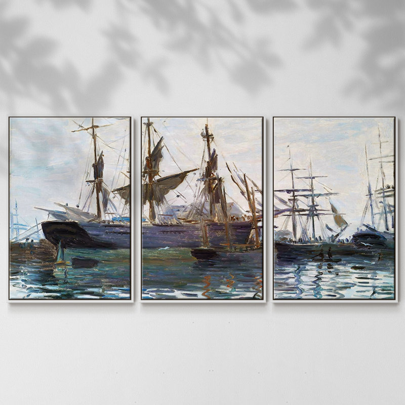 Ships in Harbor, 1873 - 3 pièces, reproduction sur toile, H 40 po x l 78 po x P 2 po, Blanc