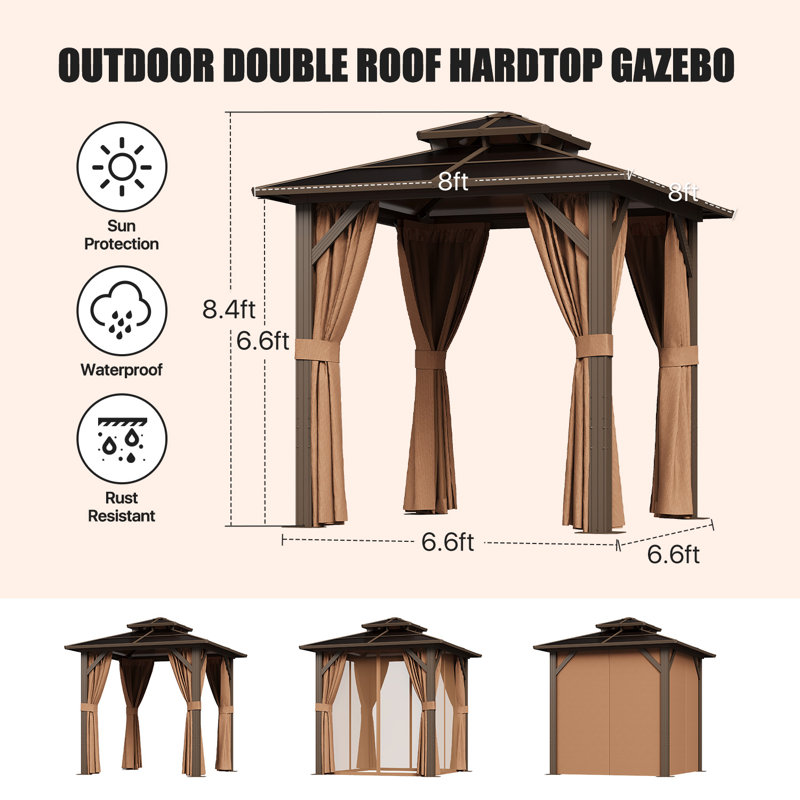 Aluminum Patio Hardtop Gazebo, 8 Ft. W x 8 Ft. D