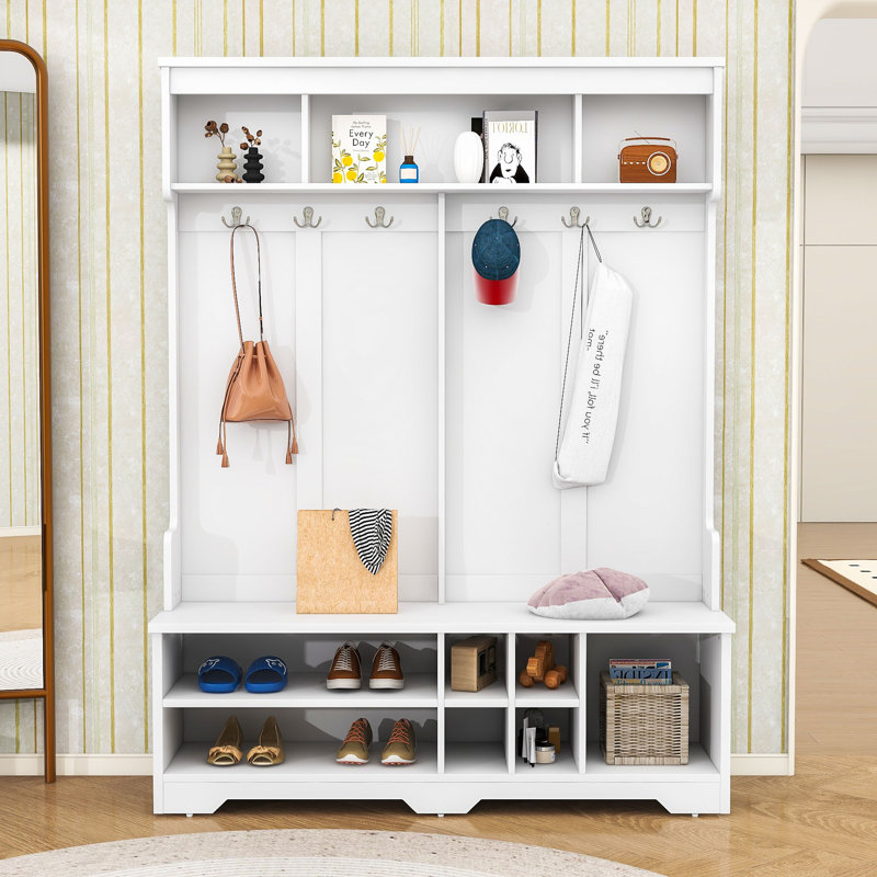 Modern Hall Tree with Bench, Hooks and Storage Compartments, White
