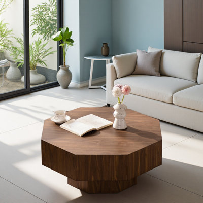 30.51 Inch Coffee Table Wooden Octagonal-Shaped For Living Room Walnut