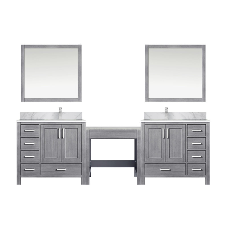 Meuble-lavabo double sur pied 102 po avec comptoir en marbre de Carrare et miroir 102 po, Gris patiné