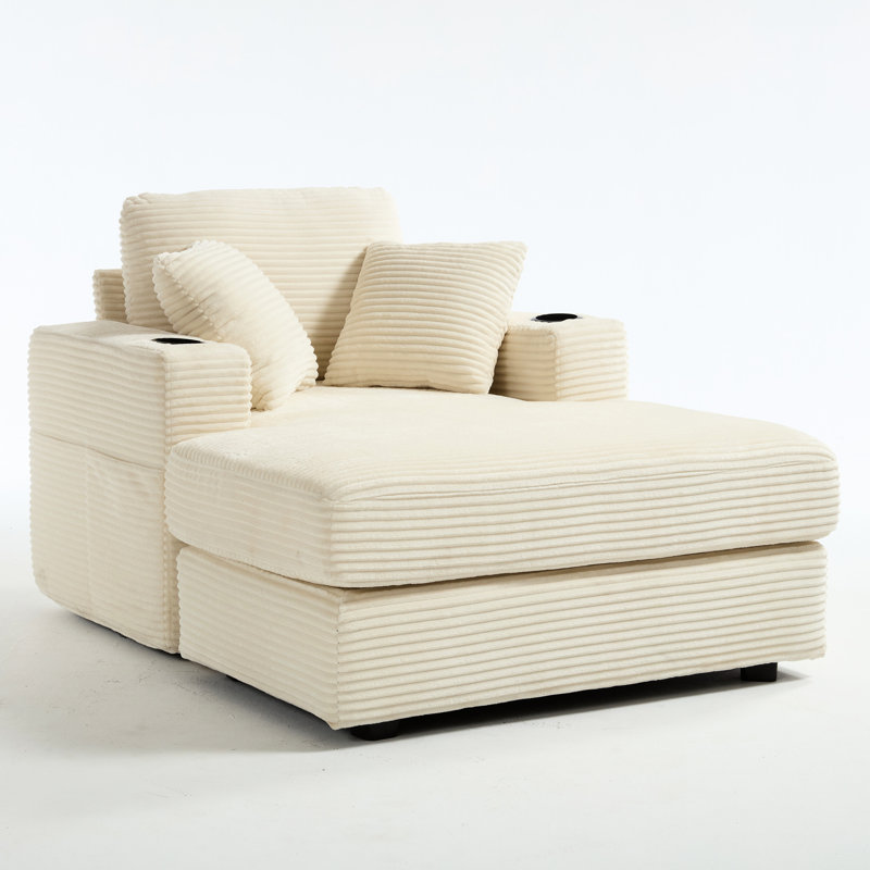 Nouvelle chaise longue rembourrée en velours côtelé pour le bureau du salon - Sac à magazines, coussins amovibles, porte-gobelets doubles, confort pour les jambes longues, assise confortable, matériau, design moderne, couleur beige, facile