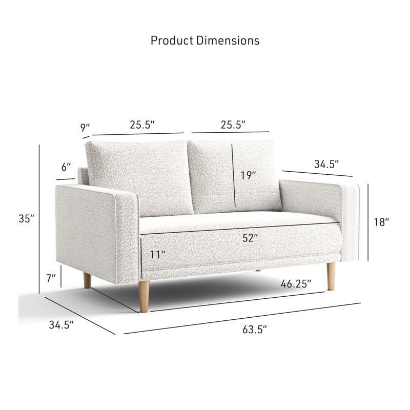 Celal Upholstered Loveseat, White, 35"H x 63.5"W x 34.5"D