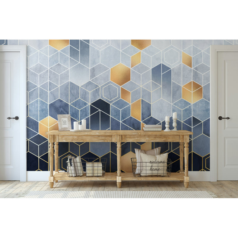 Papier peint géométrique hexagonal bleu marine, L 99,96 po x l 150 po