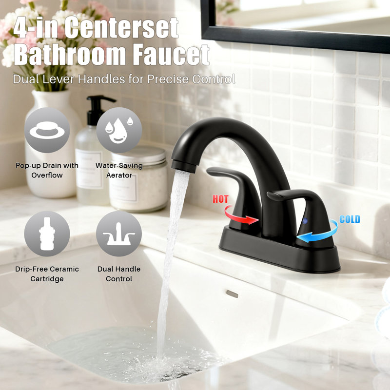 2-handle Bathroom Faucet with Drain Assembly, Black