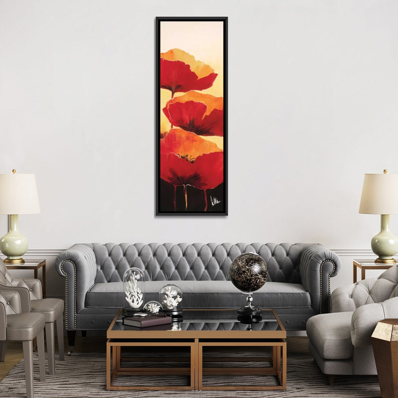 « three red popings i », impression sur toile, H 36 po x l 12 po x P 1,5 po, Toile avec cadre noir