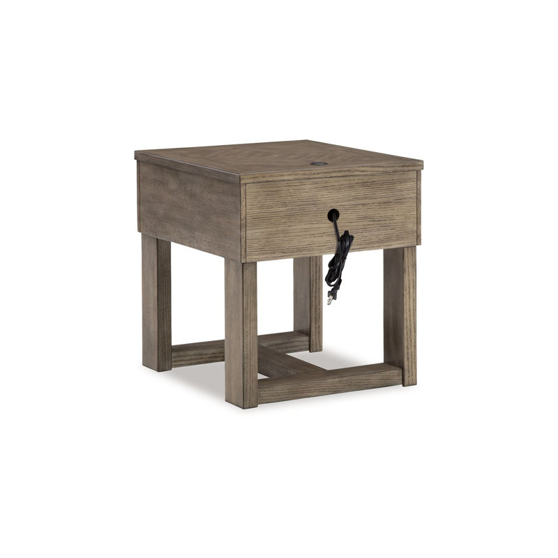Transitional Brown and White Wood End Table with Storage and USB Charging