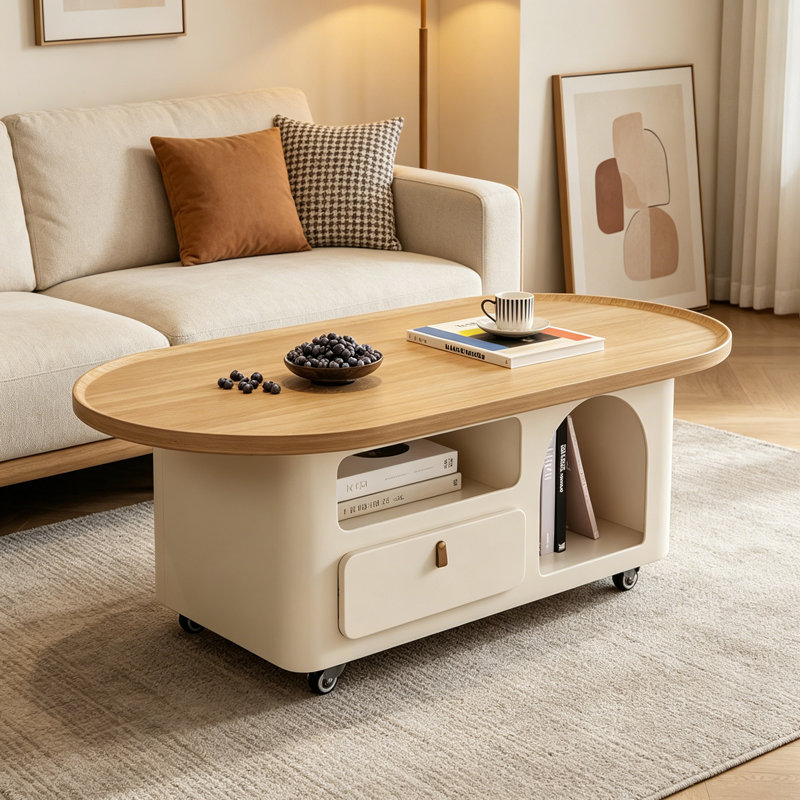 Simple Movable Wood Coffee Table Storage Drawers, 16.53" H x 47.24" L x 23.62" W, Brown/White