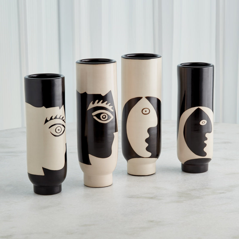 Simple Face Handmade Ceramic Table Vase, Black/Natural