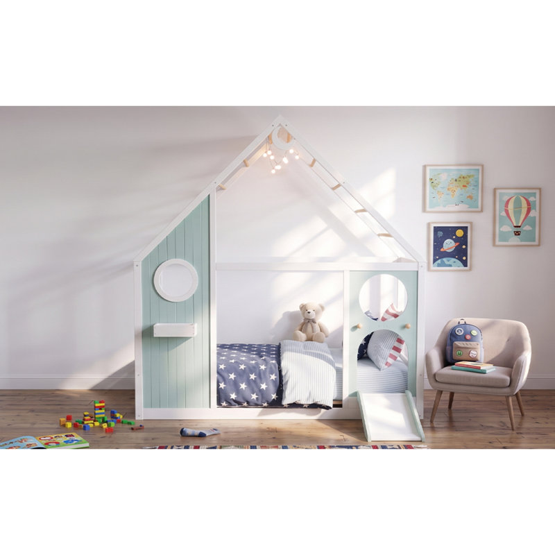Lit simple avec glissade, bande lumineuse en boule, lit plateforme en bois avec façade, panneau d'ameublement amusant - bleu