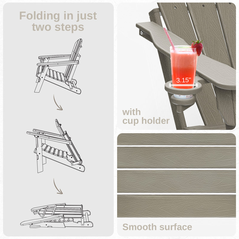 HDPE Folding Outdoor Adirondack Chair With Cup Holder, Wood