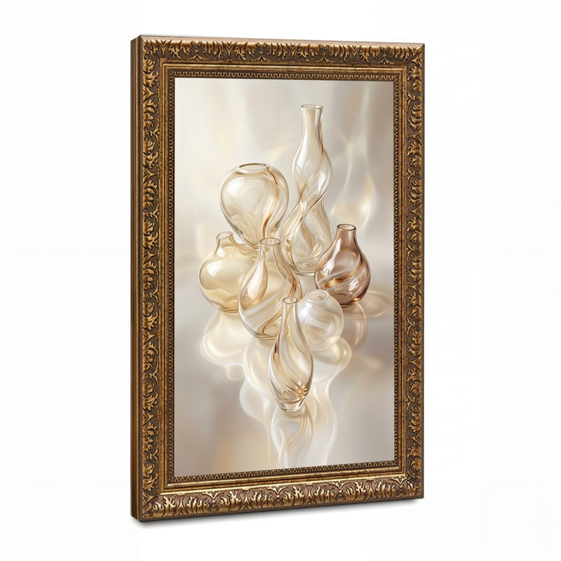Art sur toile, vases en verre avec tourbillons dorés sur fond crème, 30"H x 20"W
