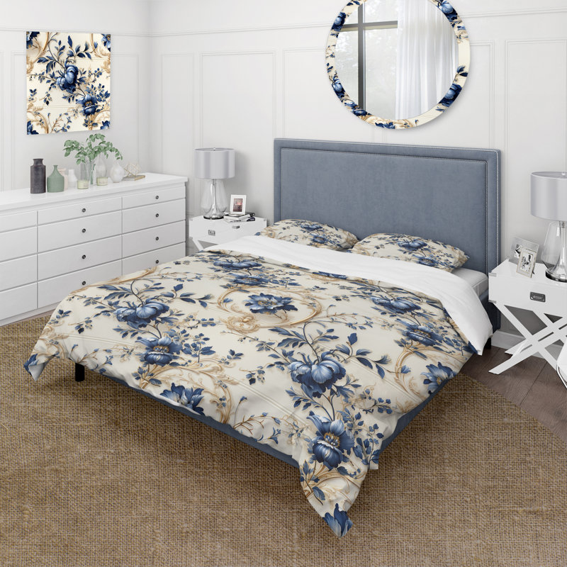 Blue Ornamental Frames Victorian Pattern Duvet Cover, Twin Duvet Cover + 1 Standard Sham