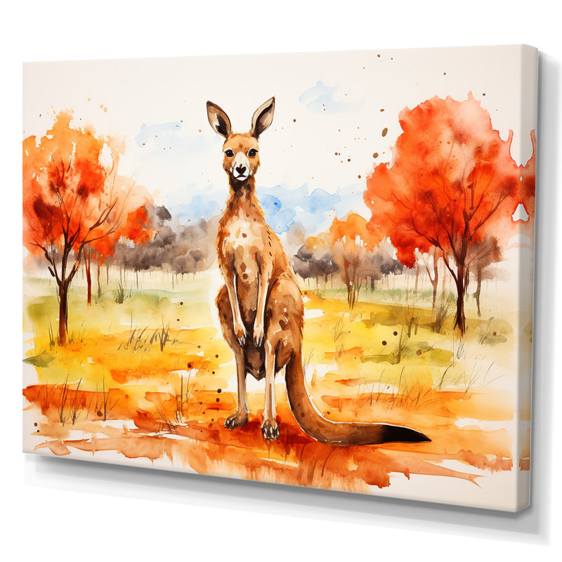 Kangourou brun et orange - Art mural animal kangourou, Toile tendue, H 34 po x l 44 po x P 1,5 po