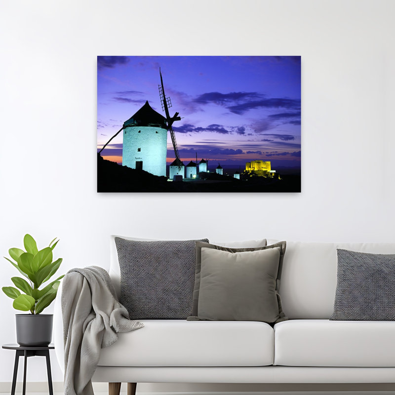 Old Traditional Windmills On Hill At Sunset, Consuegra, Castilla La Mancha, Spain Contemporary Architecture Wall Art