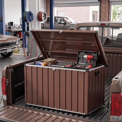 27" Rolling Truck Bed Tool Box, Galvanized Steel Pickup Chest Wheels & Latch, Brown