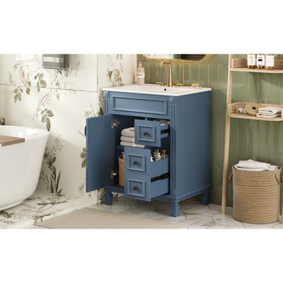 24-Inch Bathroom Vanity With Sink, Small Storage 2 Drawers And Adjustable Shelf, French Simplicity, Smooth Gliding Rails 24" Ceramic Smart For Bathrooms, Drawers, Basin