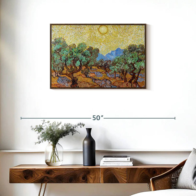 Oliviers avec ciel jaune et soleil, Cadre flottant en noyer, 31 po x 21 po