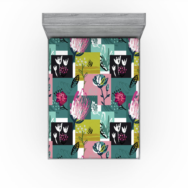 Drap-housse rustique Ambesonne, Jaune, vert, rose pastel / floral, Full Fitted Sheet