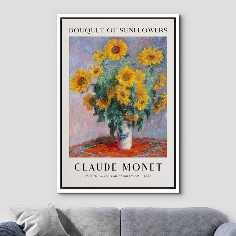 Classical Artwork Bouquet of Sunflowers by Claude Monet - Floater Frame Print on Canvas, White, 36" H x 24" W x 1.5" D