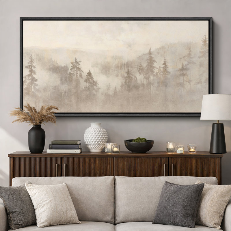 «Woodland Forest Landscape Misty Forest Soft Neutral Landscape Illustration Modern Large Large Canvas Art, art mural»