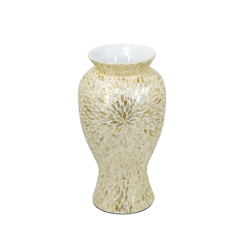 Grand grand vase rond en bambou avec coquille de Capiz dorée et blanche, H 19,7 po x l 11 po x P 11 po