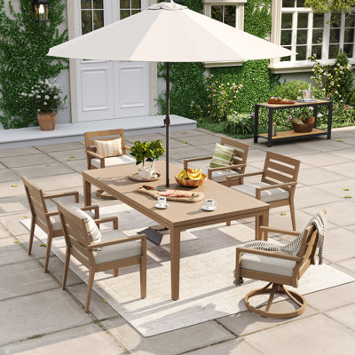 Patio 82.6"L Rectangular Aluminum Dining Set With Umbrella Hole And Cushions