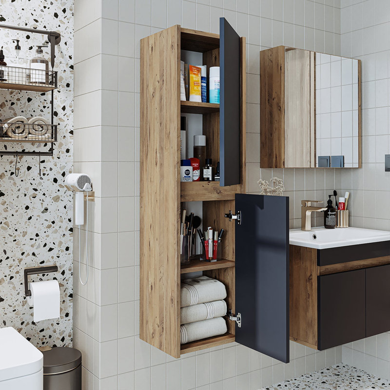 Ruarie Tall Bathroom Towel Storage Cabinet, Anthracite/Oak