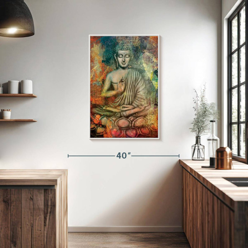 Bouddha assis en couleurs, 25" x 37", Cadre flottant blanc