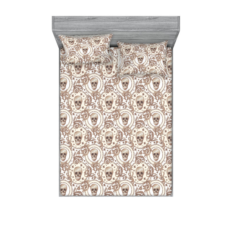 Drap-housse et taies décoratives Ambesonne, Ivory/Cocoa/Pale Brown Damask, Queen Sheet Set with 2 Pillowcases