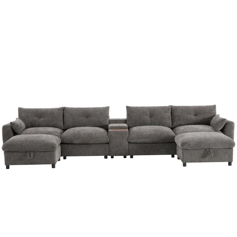 136'' Modular Sectional Sofa with Console, Cup Holder, USB Charger, Movable Storage Ottoman, Pull-line&Tufted Design, U-Shaped Oversized Chenille Sofa for Living Room&Apartment,2 Colors