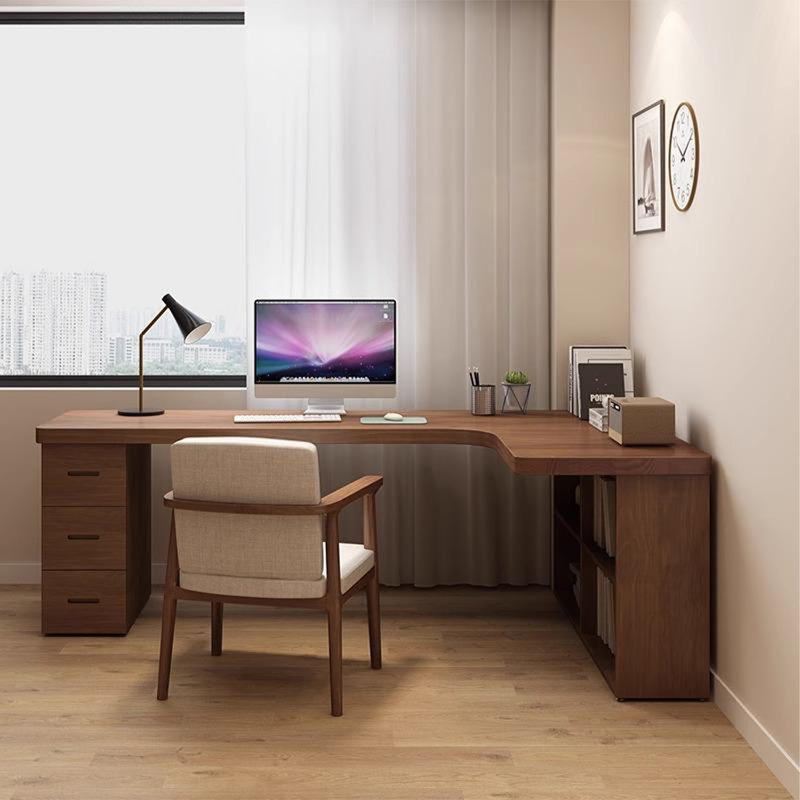 Nut-brown L-Shaped Solid Wood with 3 drawers desk, Right, 29.53" H x 62.99" W x 47.24" D
