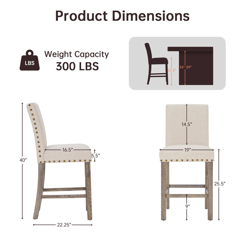 Fort Modern Farmhouse Counter Height Bar Stools, Set of 2 with Soft Cushioned Seats and Nailhead Detailing