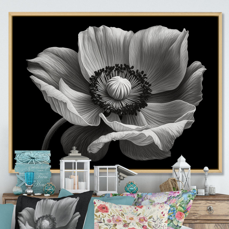 Coquelicots noirs et blancs sur toile, H 30 po x l 40 po x P 1,5 po, Cadre naturel flottant